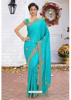 Turquoise Latest Designer Party Wear Hand Work Sari