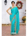 Turquoise Latest Designer Party Wear Hand Work Sari