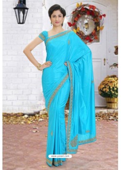 Turquoise Latest Designer Party Wear Hand Work Sari