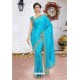 Turquoise Latest Designer Party Wear Hand Work Sari