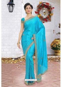 Turquoise Latest Designer Party Wear Hand Work Sari