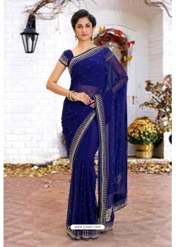 Navy Blue Latest Designer Party Wear Hand Work Sari