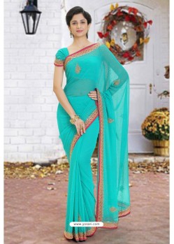 Turquoise Latest Designer Party Wear Hand Work Sari