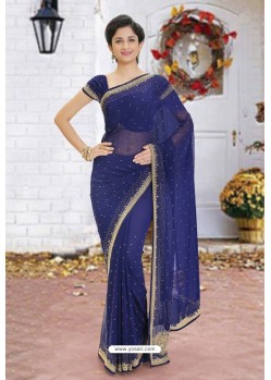 Navy Blue Latest Designer Party Wear Hand Work Sari