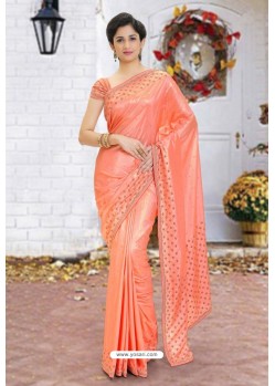 Light Orange Latest Designer Party Wear Hand Work Sari