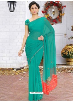 Aqua Mint Latest Designer Party Wear Hand Work Sari