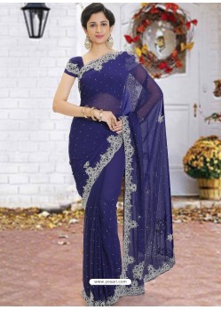 Navy Blue Latest Designer Party Wear Hand Work Sari