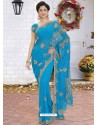 Turquoise Latest Designer Party Wear Hand Work Sari