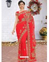 Red Latest Designer Party Wear Hand Work Sari