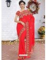 Red Latest Designer Party Wear Hand Work Sari