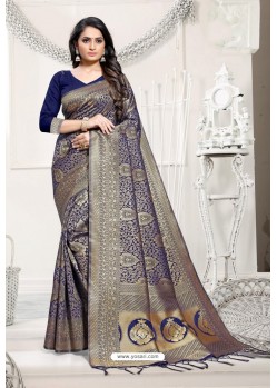 Navy Blue Designer Classic Wear Silk Blend Sari