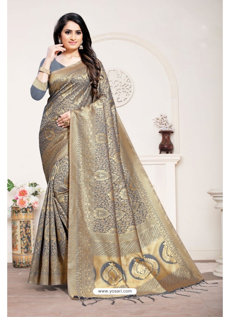 Buy Grey Designer Classic Wear Silk Blend Sari | Party Wear Sarees