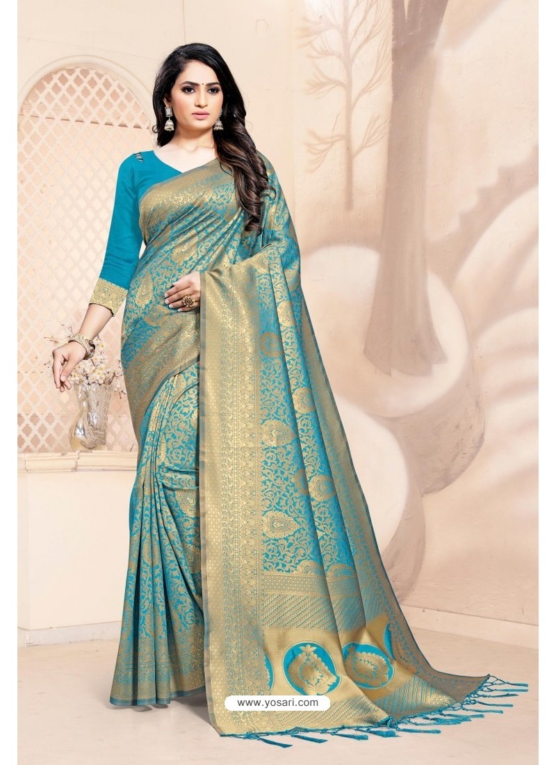Buy Blue Designer Classic Wear Silk Blend Sari | Party Wear Sarees