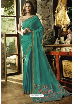 Turquoise Embroidered Designer Casual Wear Sari