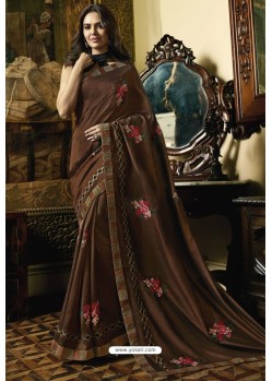 Coffee Embroidered Designer Casual Wear Sari