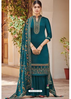 Teal Blue Heavy Festival Wear Ora Silk Palazzo Suit