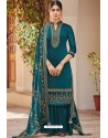 Teal Blue Heavy Festival Wear Ora Silk Palazzo Suit