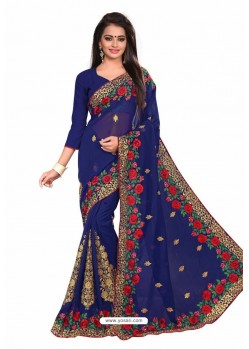 Dark Blue Designer Heavy Embroidered Party Wear Georgette Sari