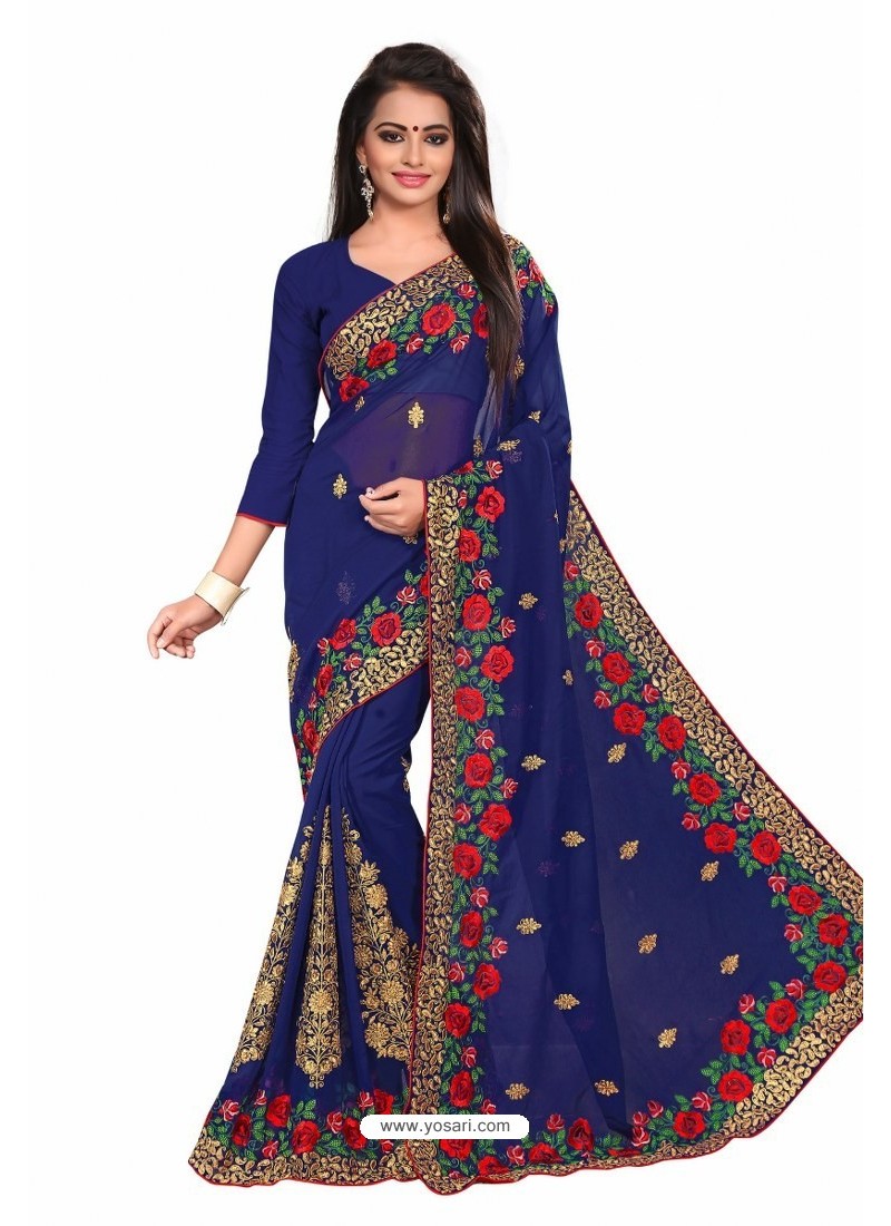Buy Dark Blue Designer Heavy Embroidered Party Wear Georgette Sari ...
