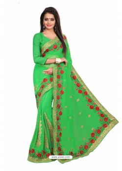 Parrot Green Designer Heavy Embroidered Party Wear Georgette Sari