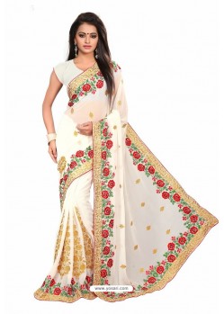 Off White Designer Heavy Embroidered Party Wear Georgette Sari