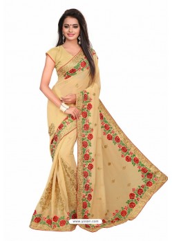 Cream Designer Heavy Embroidered Party Wear Georgette Sari