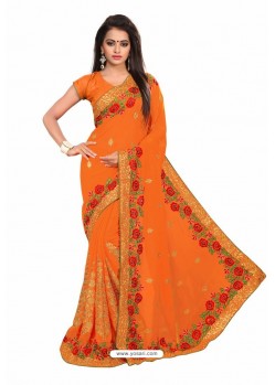 Orange Designer Heavy Embroidered Party Wear Georgette Sari