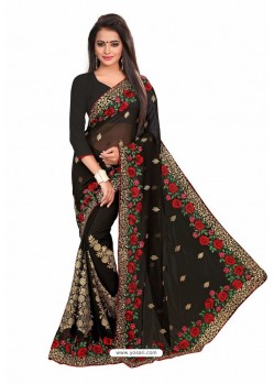 Black Designer Heavy Embroidered Party Wear Georgette Sari