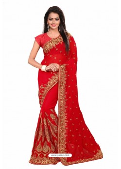 Red Designer Heavy Embroidered Party Wear Georgette Sari