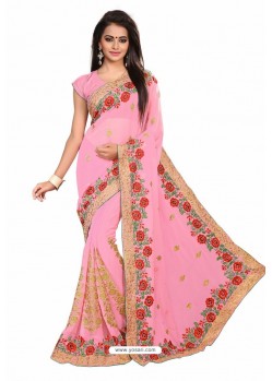 Pink Designer Heavy Embroidered Party Wear Georgette Sari