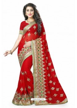 Red Designer Heavy Embroidered Party Wear Georgette Sari