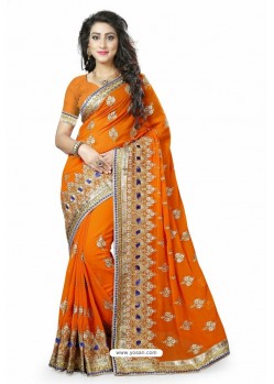 Orange Designer Heavy Embroidered Party Wear Georgette Sari