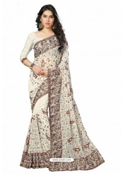 Off White Designer Heavy Embroidered Party Wear Georgette Sari