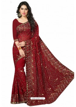 Maroon Designer Heavy Embroidered Party Wear Georgette Sari