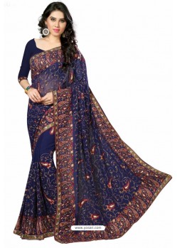 Navy Blue Designer Heavy Embroidered Party Wear Georgette Sari