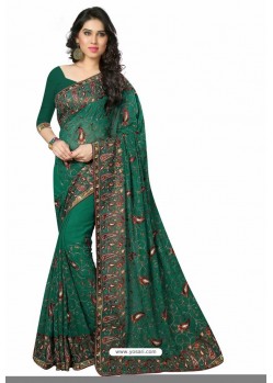 Dark Green Designer Heavy Embroidered Party Wear Georgette Sari