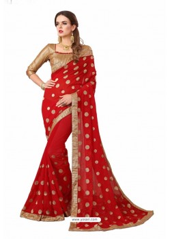 Red Designer Heavy Embroidered Party Wear Georgette Sari