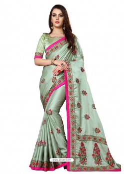 Grayish Green Designer Heavy Embroidered Party Wear Art Silk Sari