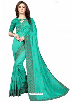 Turquoise Designer Heavy Embroidered Party Wear Art Silk Sari