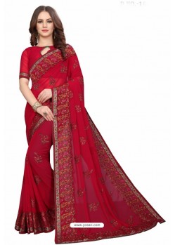 Red Designer Heavy Embroidered Party Wear Georgette Sari