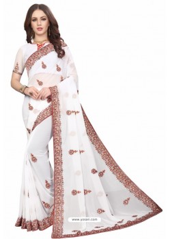 Off White Designer Heavy Embroidered Party Wear Georgette Sari