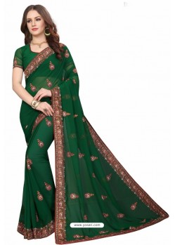 Dark Green Designer Heavy Embroidered Party Wear Georgette Sari