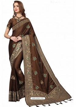 Coffee Designer Heavy Embroidered Party Wear Crepe Sari