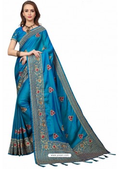 Blue Designer Heavy Embroidered Party Wear Crepe Sari