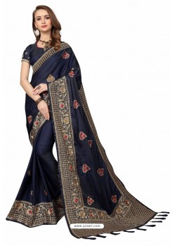 Navy Blue Designer Heavy Embroidered Party Wear Crepe Sari