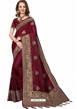 Maroon Designer Heavy Embroidered Party Wear Crepe Sari