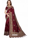 Maroon Designer Heavy Embroidered Party Wear Crepe Sari