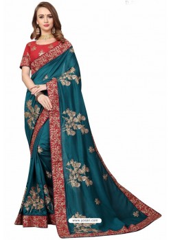 Teal Blue Designer Heavy Embroidered Party Wear Satin Sari