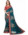 Teal Blue Designer Heavy Embroidered Party Wear Satin Sari