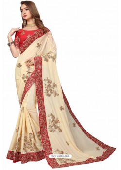 Light Beige Designer Heavy Embroidered Party Wear Satin Sari